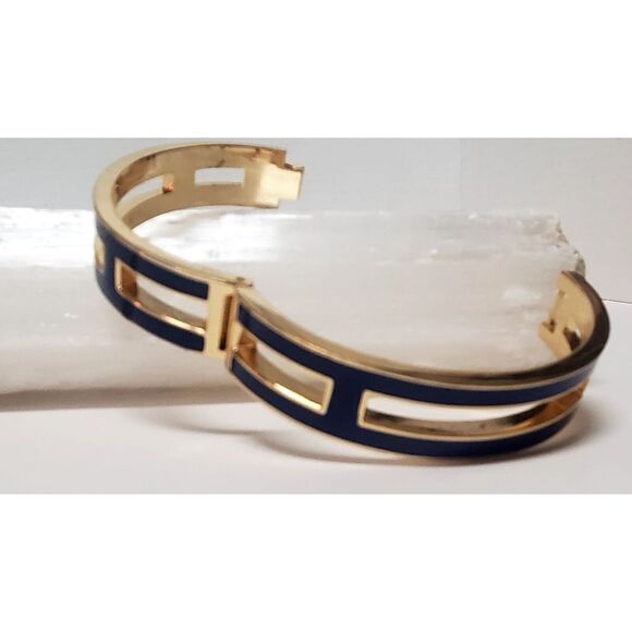 J. Crew Bracelet Hinged with Lock Navy Blue Enamel Gold Pierced Panels Bordered - Picture 12 of 12